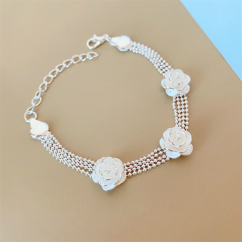 Vintage Sweater Chain Long Rose Flower Brushed Sier Plated Tourist Jewelry Set