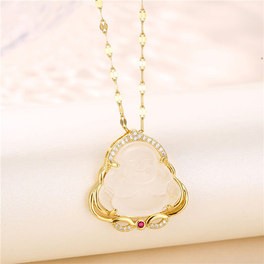 Chalcedony Small Buddha Ancient Gold Inlaid Zircon Female Necklaces