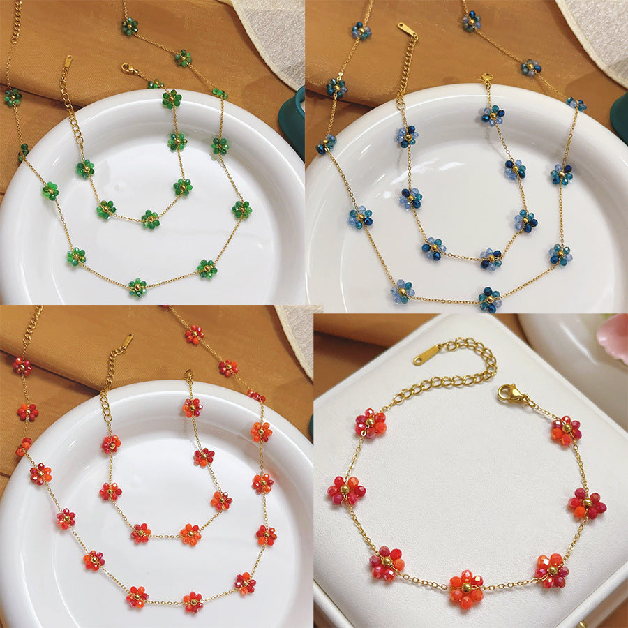 Bohemian Beaded Handmade Small Flower Micro Glass Bead Titanium Jewelry Set