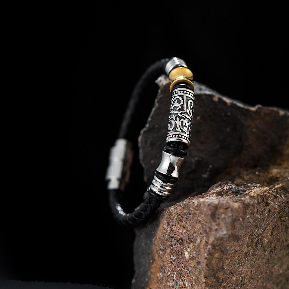 Men's Vintage Weave Leather Titanium Steel Hip Bracelet