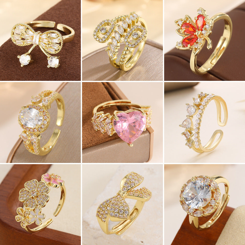 French Refined Zircon Female Design Temperament Open Super Fairy Flowers Rings