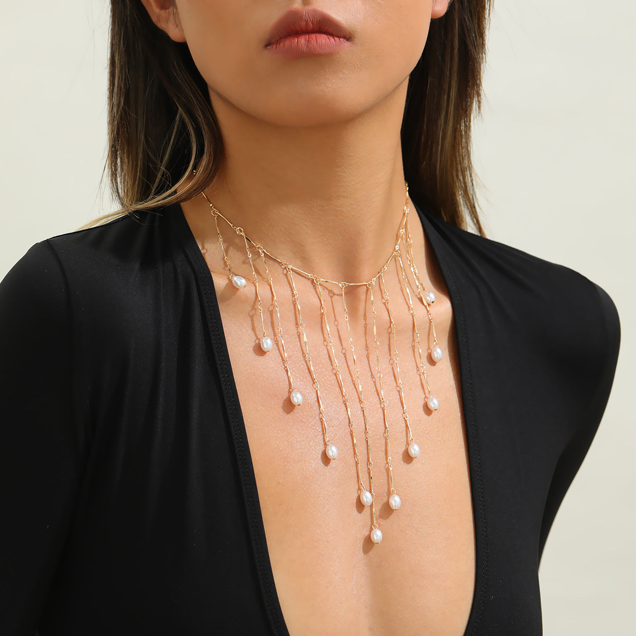 Fashion Trendy Pearl Female Graceful Tassel Clavicle Chain Necklace
