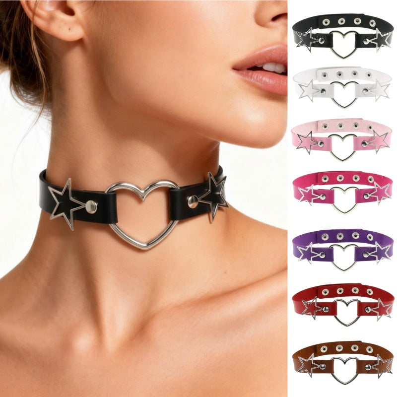 Love Heart-shaped Leather Female Alloy Pentagram Clavicle Necklaces