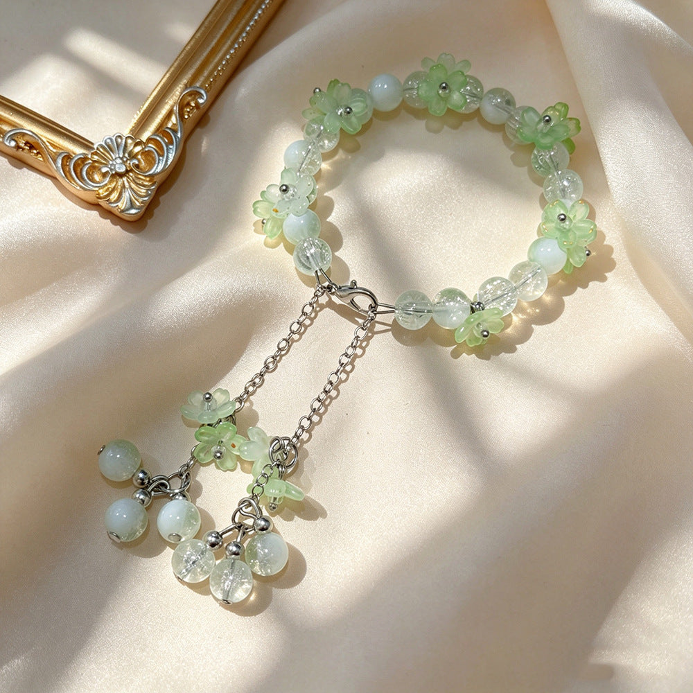 Mori Style Flower Green Super Temperament Show White Crystal Bracelet