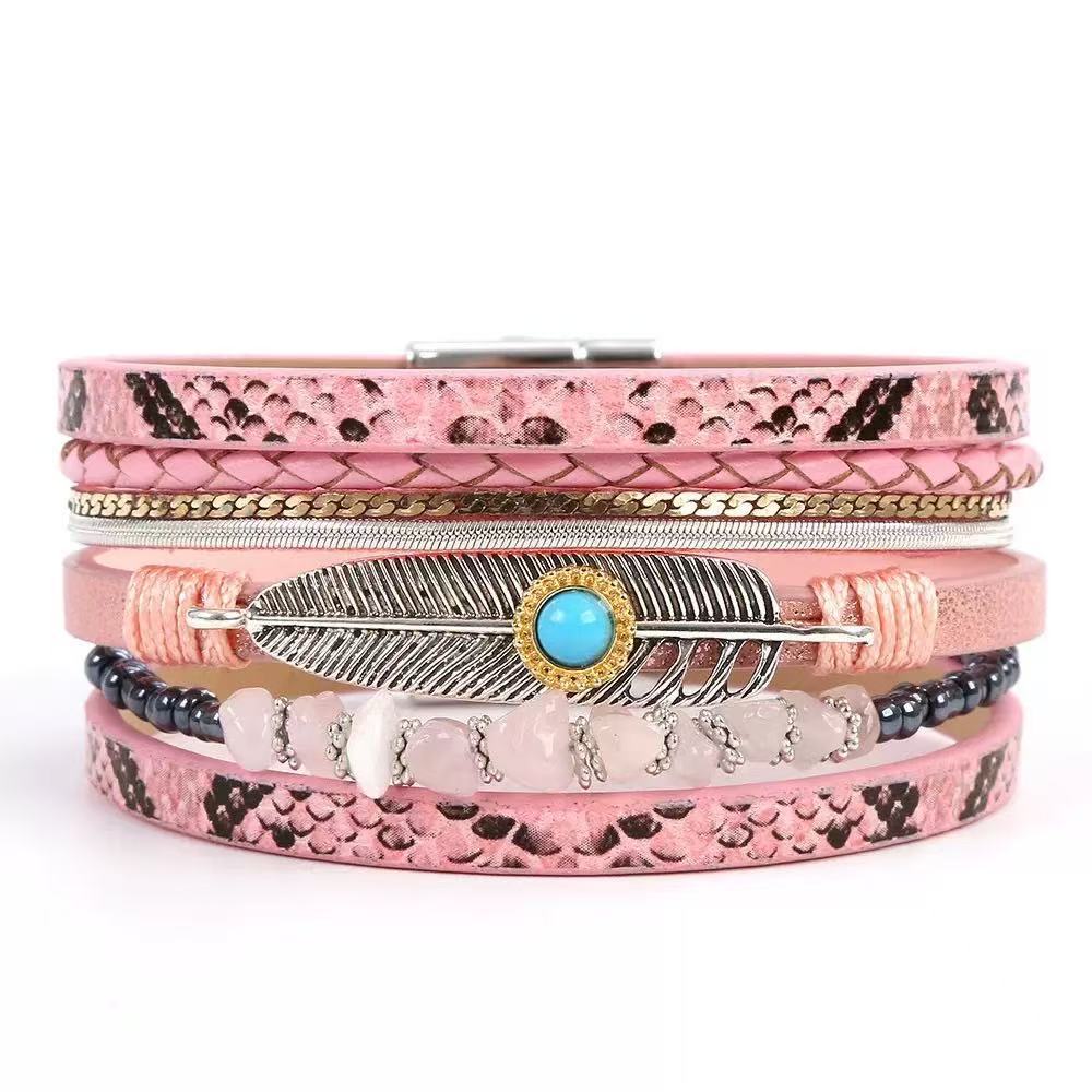 Women's Bohemian Style Gravel Feather Leather For Bracelet