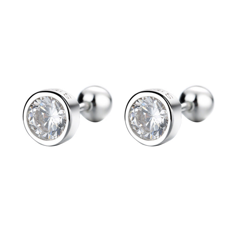 Men's Sier Needle Zircon Round Beads Thread Single Earrings