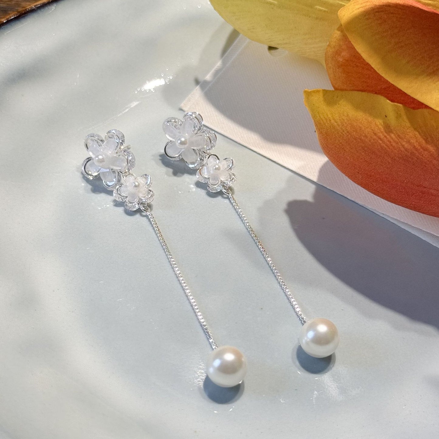 Fashion Long Double Flower Pearl Tassel Super Fairy Face Small Stud Earrings