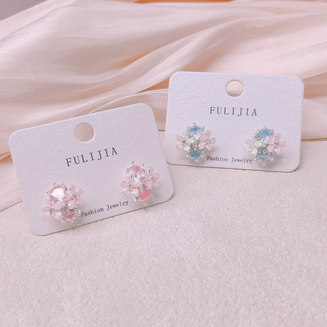 Unique Design Color Zircon Flower Super Fairy Cute Sier Stud Earrings
