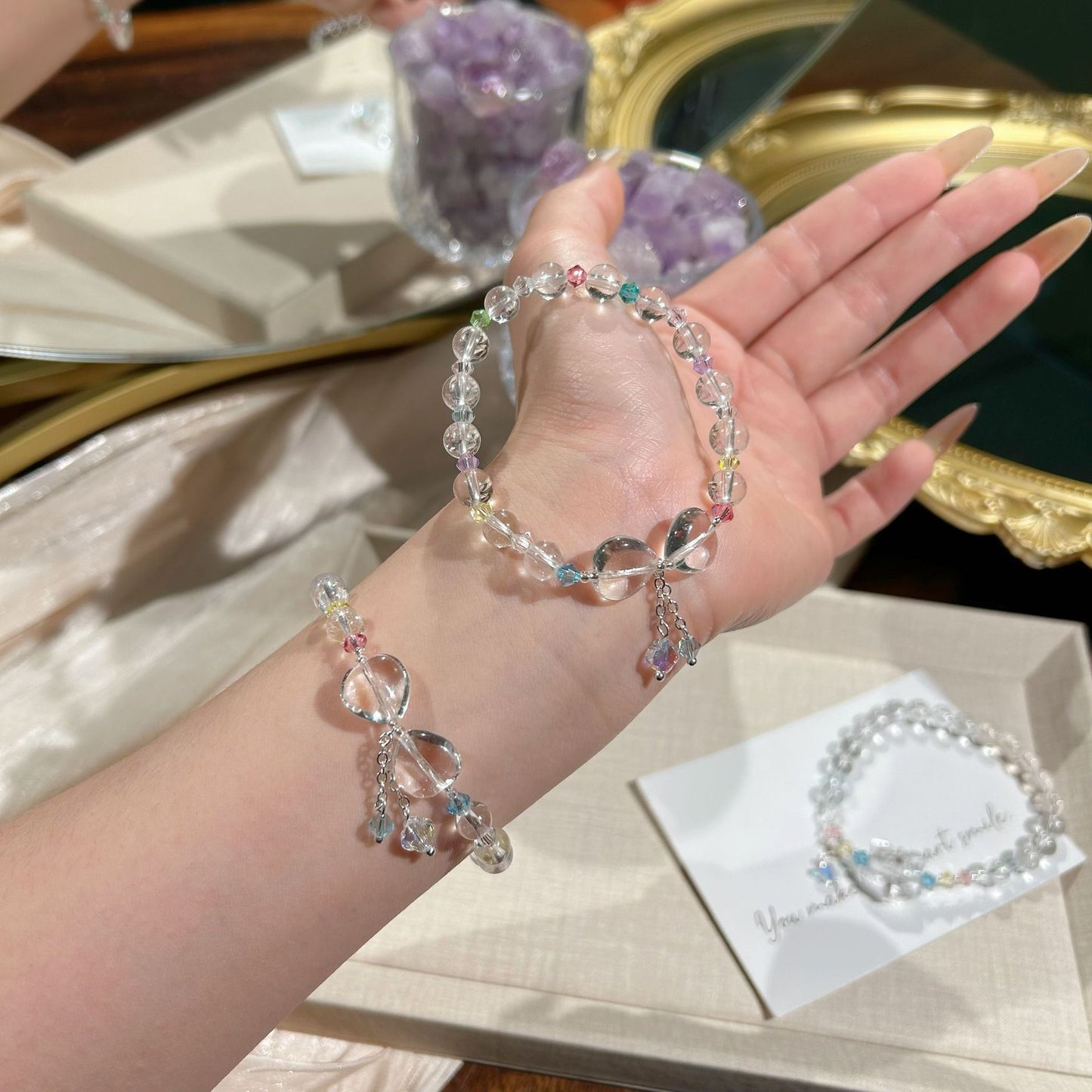 Women's White Crystal Matching Colored Gems Tassel Lucky Bracelets