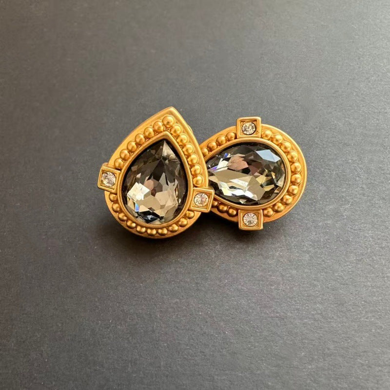 Retro Matte Brass Texture Heart Color Glass Ear Stud Earrings