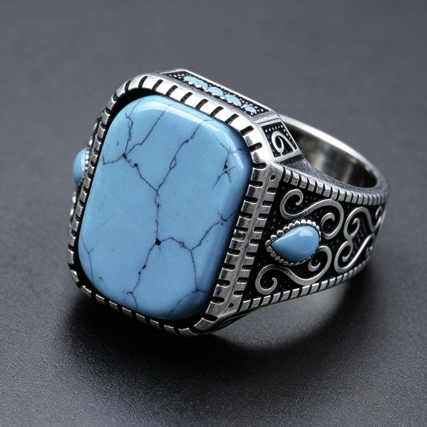 Men's Russian Turquoise Blue Diamond Retro Simple Ring