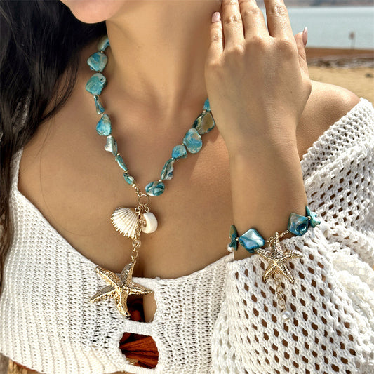 Women's Starfish Shell Beaded Imitation Pearl Layered Thick Necklaces
