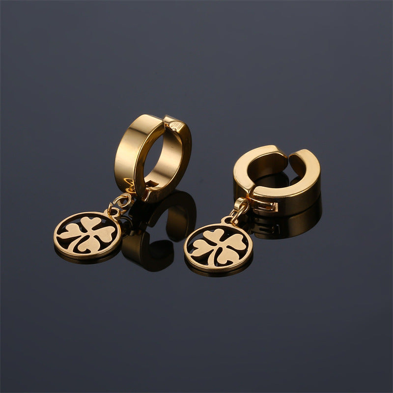 Men's Steel Trendy Ear Clip Color Cold Wind Round Heart Grass Earrings