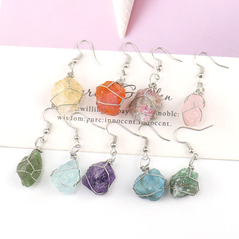 Women's Handmade Sier Winding Natural Stone Rough Crystal Agate Earrings