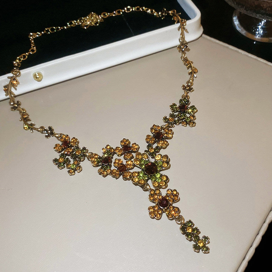 Style Turquoise Blue Diamond Flower Ear Light Luxury Minority Clavicle Necklaces