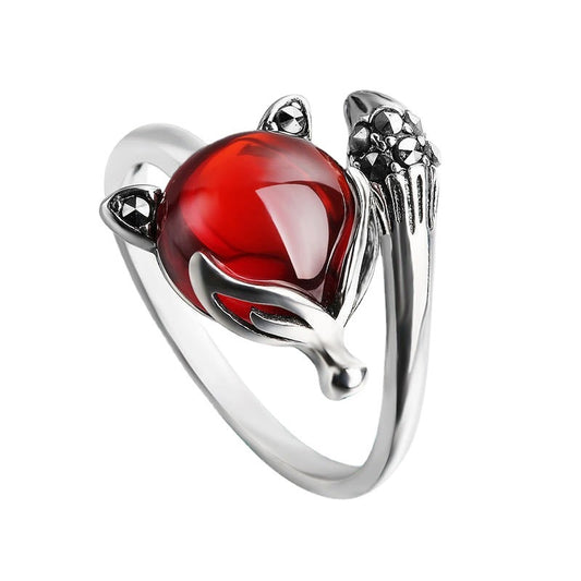 Women's Thai Sier Chalcedony Pomegranate Red Retro Fox Rings