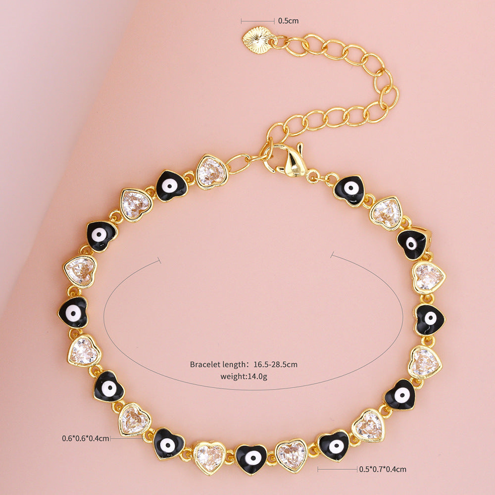 Heart-shaped Devil's Eye Zircon Micro Inlaid Electroplated Dripping Oil Fashion Bracelet