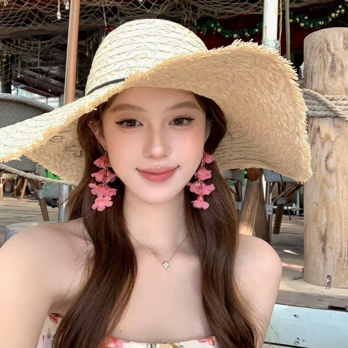 Pink Lily Tassel Unique High-key Eardrop Beautiful Seaside Vacation Earrings