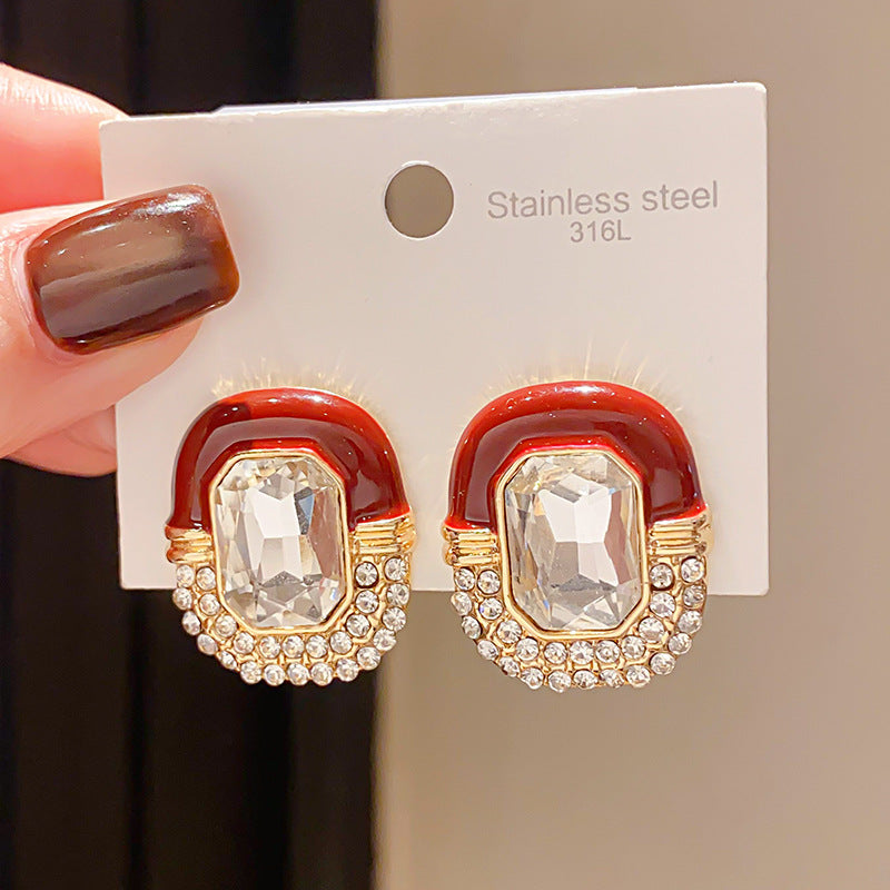 Sier Needle Light Luxury Diamond Drop Oil Oval Retro Fashion Stud Earrings
