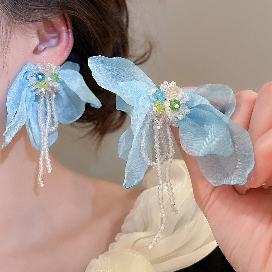 Women's Fresh Blue Fabric Flower Tassel Seaside Vacation Style Light Stud Earrings