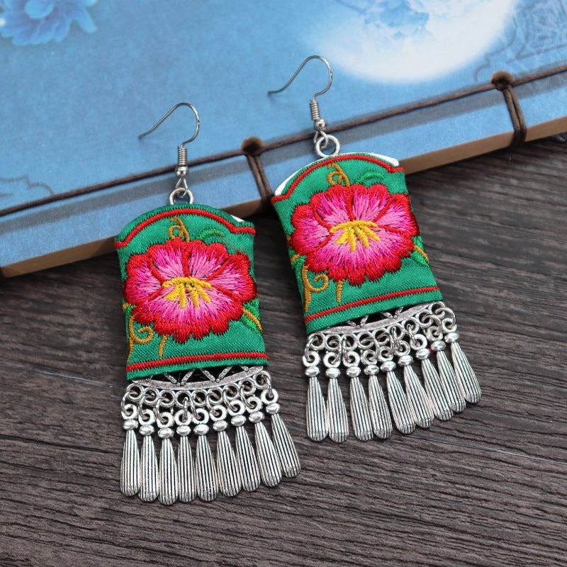 Women's Retro Ethnic Style Handmade Embroidered Fabric Long Flower Earrings