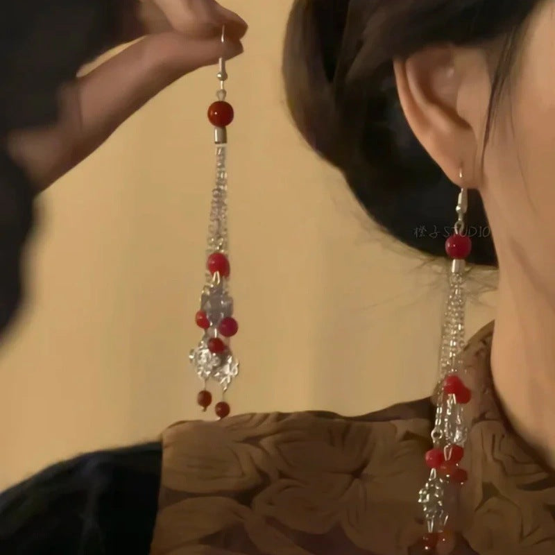 Women's Chinese Style National Burning Blue Beads Long Fringe Niche Retro Earrings