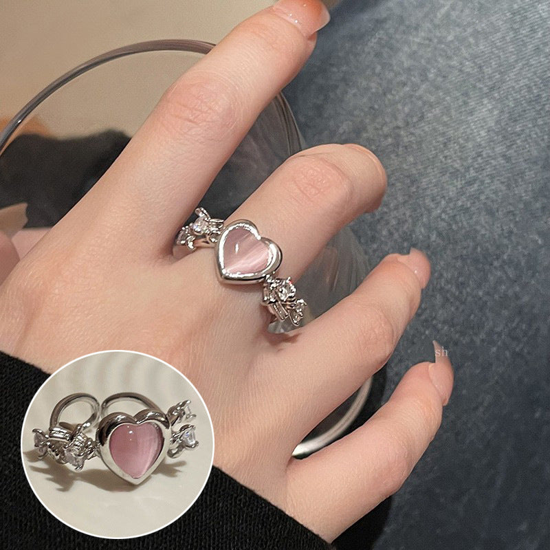 Pink Loving Heart Zircon Female Twin Elegant Sier Rings