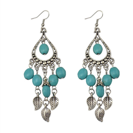 Ethnic Style Small Leaf Branch Tassel Turquoise Long Rings