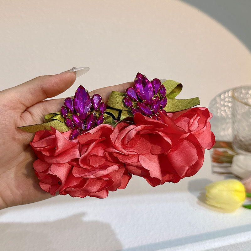 Handmade Fabric Crystal Flower Fashion Exaggerating Eardrops Earrings