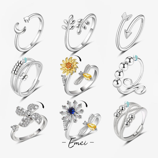 Women's Anxiety Spinning Opening Adjustable Rotating Flower Little Ring