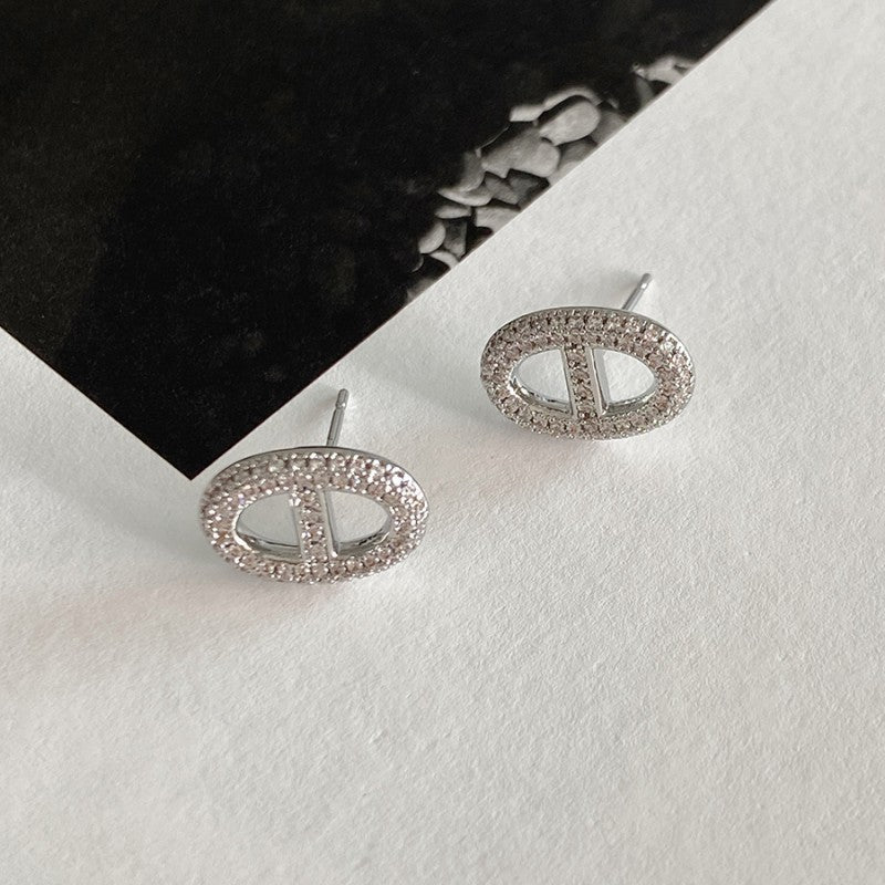 Light Luxury Double Full Diamond Niche Geometric Gold Sier Two-color Stud Earrings
