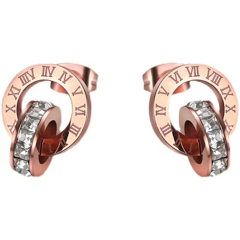 Elegant Buckle With Roman Numerals Round Rose Gold Plated Earrings