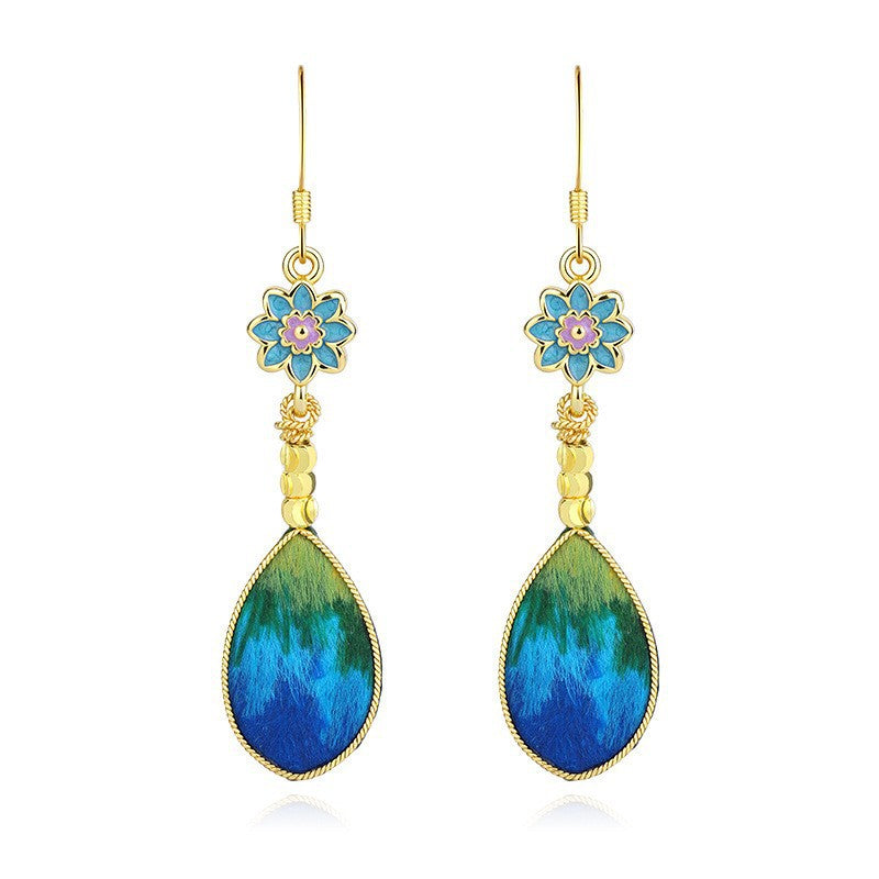 Women's Chinese Style Flower National Traditional Handmade Cloisonne Silk Ear Hook Rings