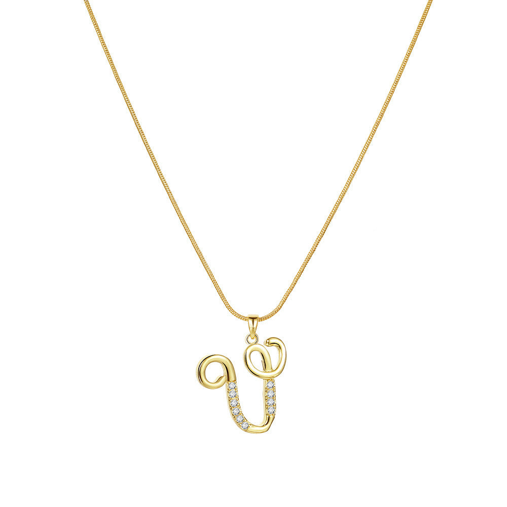 Letter Copper Inlaid Zircon Round Snake Bones Necklaces