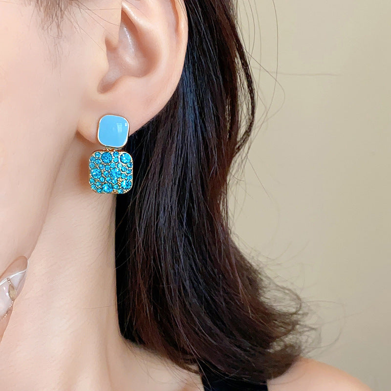 Women's Sier Needle Retro Diamonds Square Light Luxury Simplicity Elegant Fashionable Earrings