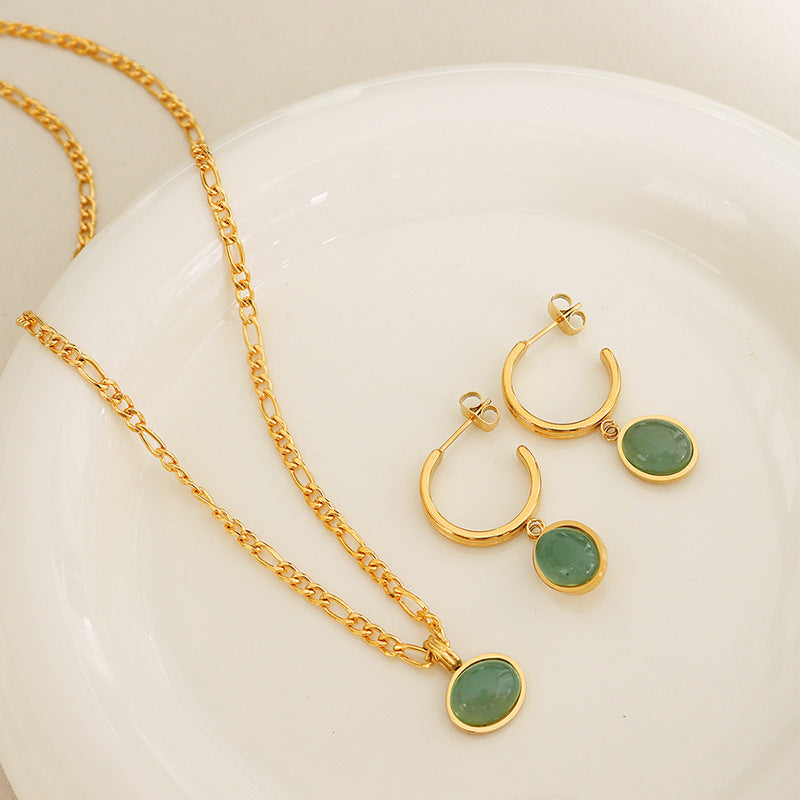 Natural Green Aventurine Ethnic Style Titanium Steel Vintage Elegant Jewelry Set