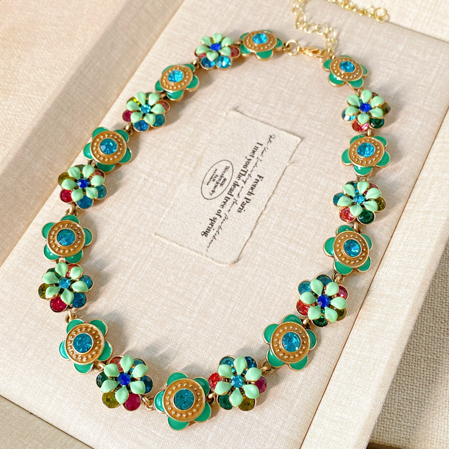 Women's Middle Ancient Diamond Glaze Flowers Light Luxury Minority Clavicle Chain Jewelry Set