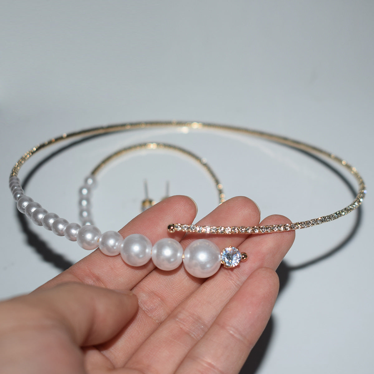 Women's Diamond Stringed Pearls Collar Bridal Rhinestone Jewelry Set