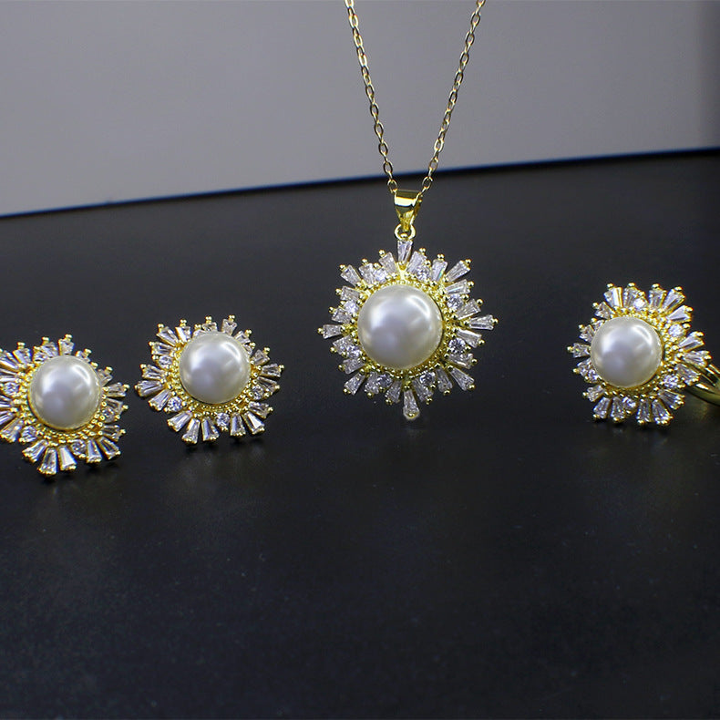 Women's Korean Style Rhinestone Pearl Snowflake Fashion Temperament Micro Three-piece Necklaces
