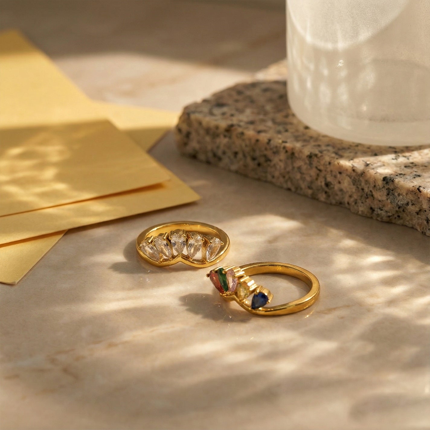 Inlaid Golden Asymmetric Colored Gems White Diamond Design Simple Ring