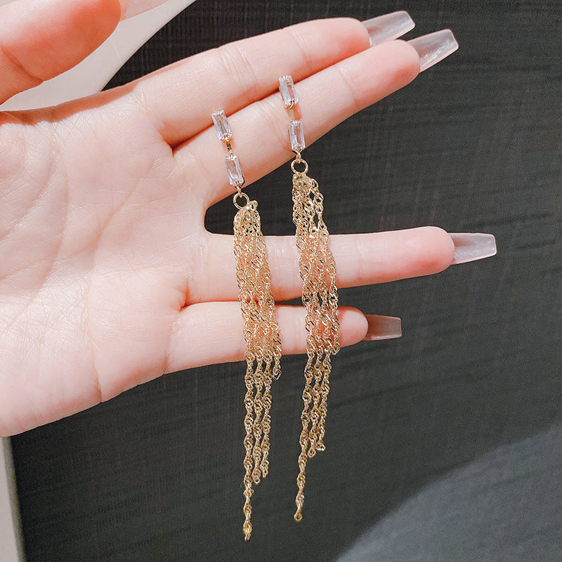 Women's Trendy Long Tassel Square Zircon Simple Design Frosty Earrings