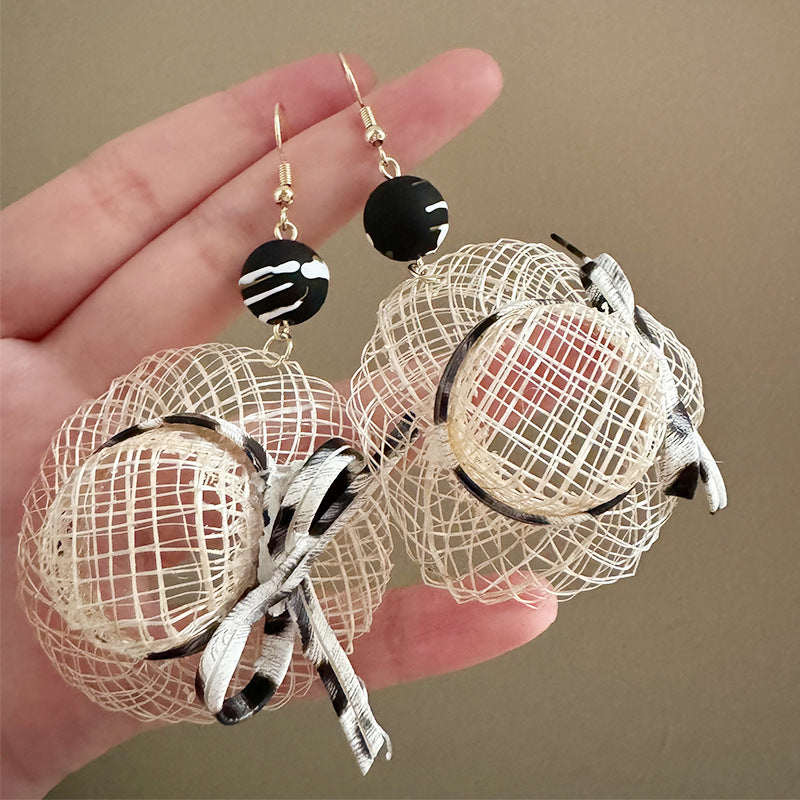 Vacation Style Chic Straw Hat Leopard Bow Niche Retro Design Earrings