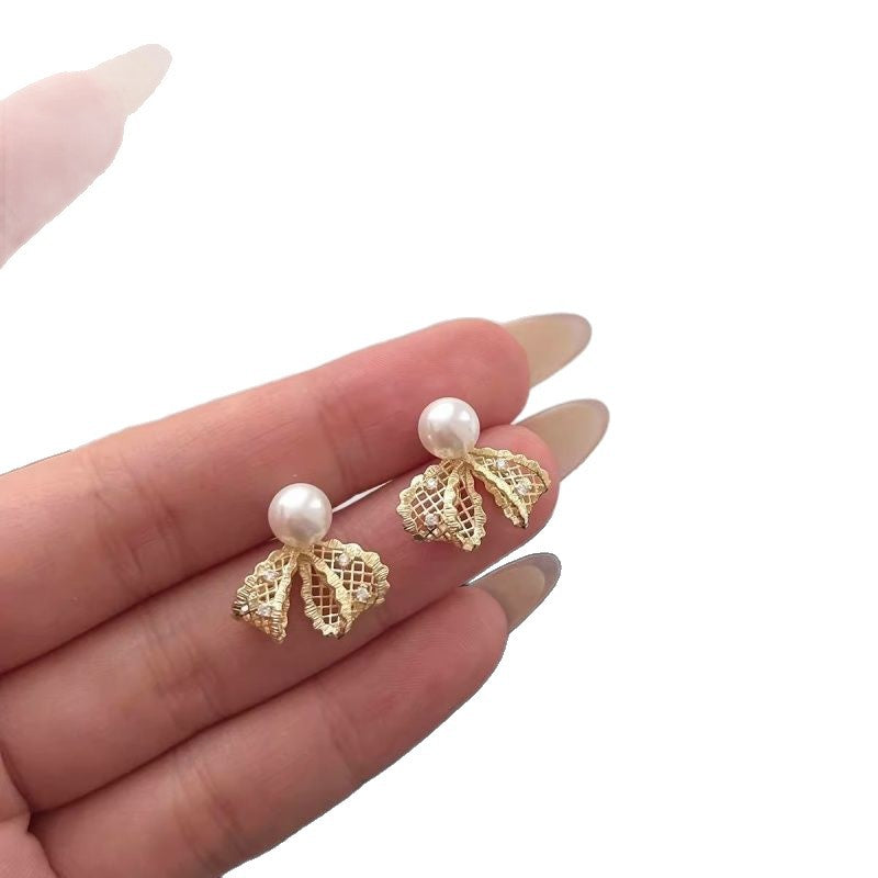 Women's Sweet Lace Ribbon Bowknot Pearl Unique Beautiful Earrings