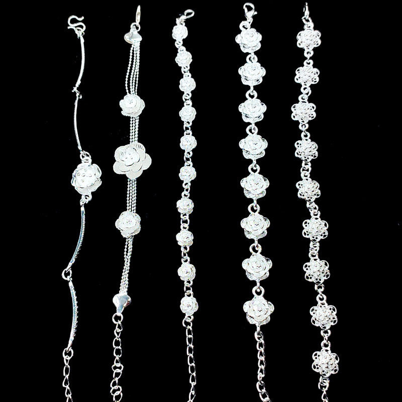 Vintage Sweater Chain Long Rose Flower Brushed Sier Plated Tourist Jewelry Set