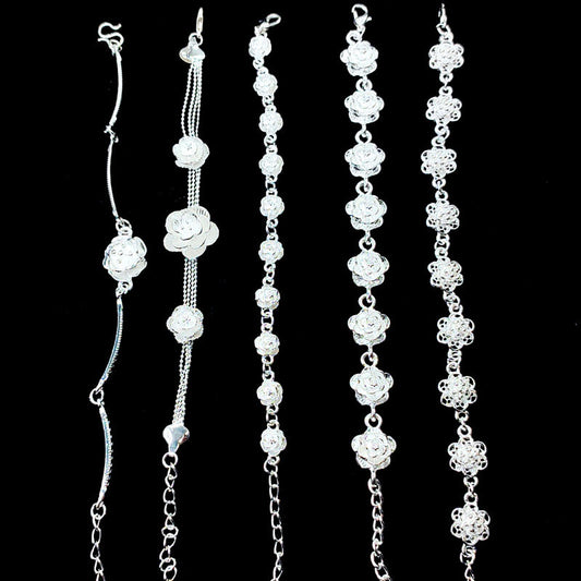 Vintage Sweater Chain Long Rose Flower Brushed Sier Plated Tourist Jewelry Set