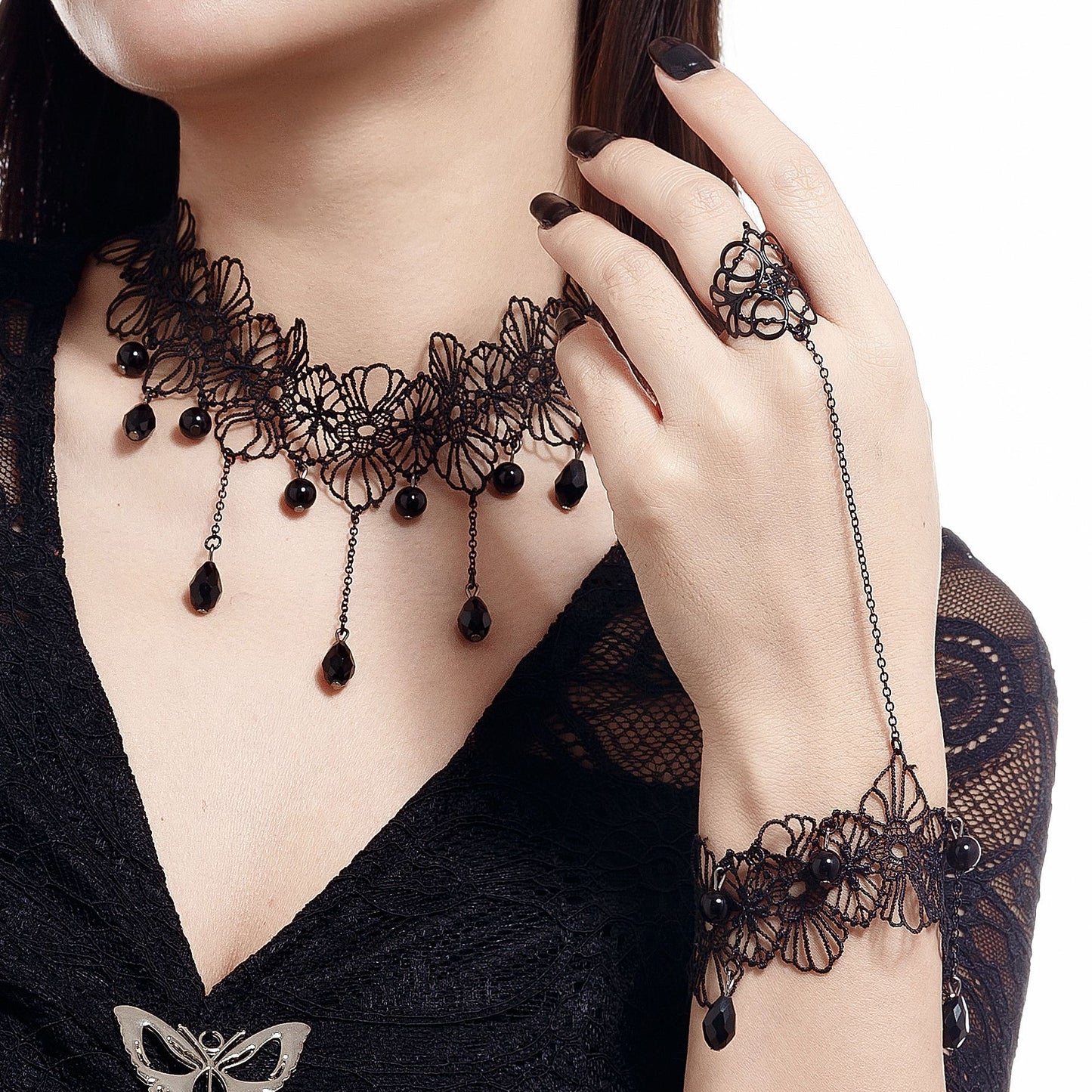 Cool Black Lace Neckband Gothic Style Dark Crystal Collar