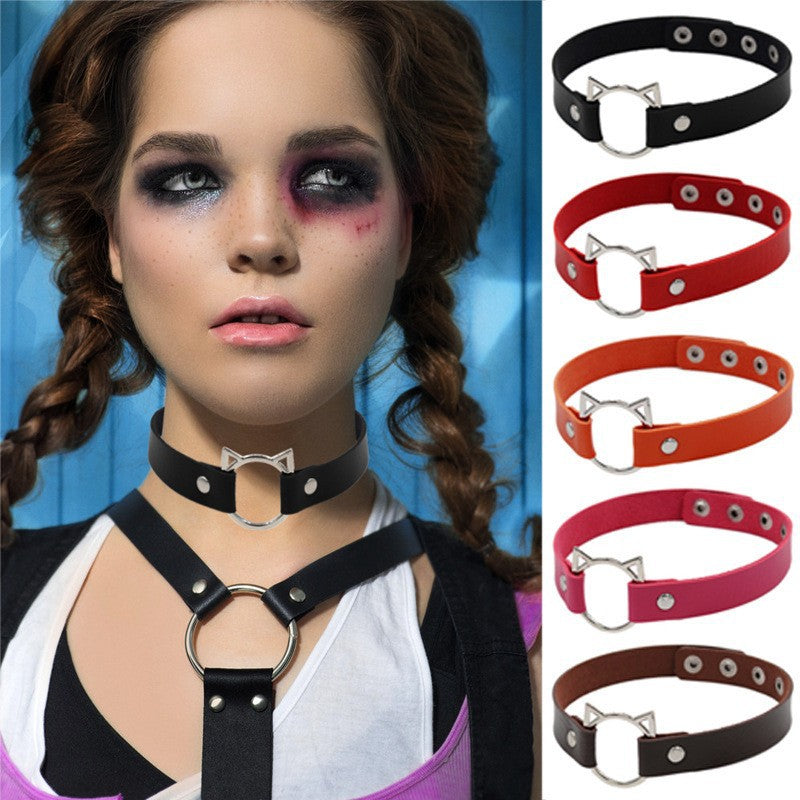 Women's Punk Leather Cat Face Necklet Neckband Short Cute Necklaces