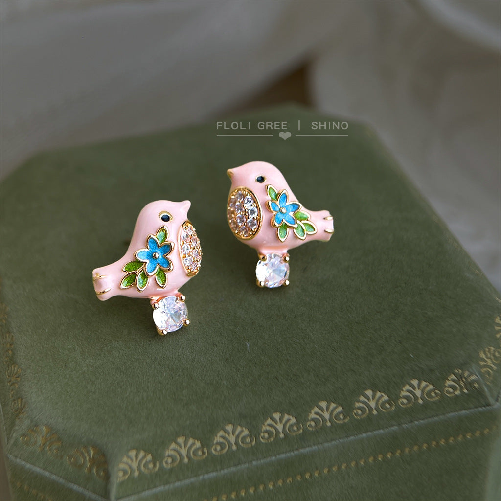 Sweet Cute Enamel Drop Glaze Painted Micro Inlaid Zircon Sier Stud Earrings