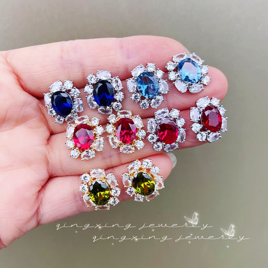 Quality Zircon Group Mosaic Main Stone Artificial Sapphire Earrings