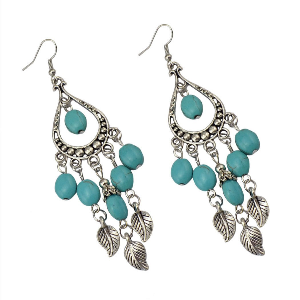 Ethnic Style Small Leaf Branch Tassel Turquoise Long Rings